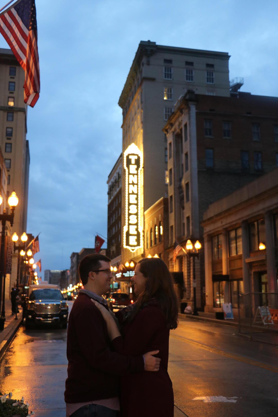 Haleigh and Sean looking into each other's eyes on Gay Street in downtown Knoxville, Tennessee

