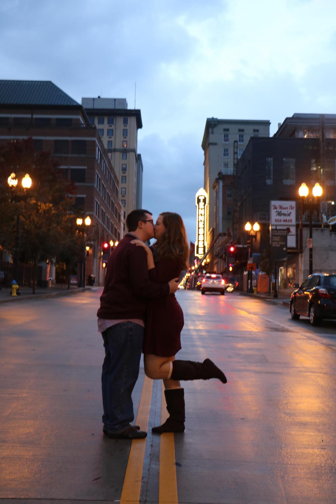 Haleigh and Sean kissing in the middle of the road on Gay Street in downtown Knoxville, Tennessee
